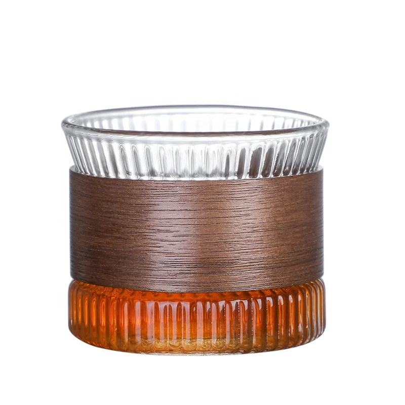 New Design 150ML Stripe Clear Glass Coffee Cup Wide Mouth Ribbed Small Hammer Borosilicate Glass Tea Cups With Wood Sleeve