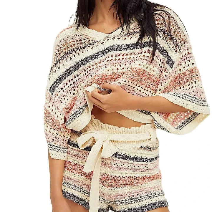 FYB fashion classic knit cropped sweater colorful high-rise shorts Striped patter Women 2 Piece set