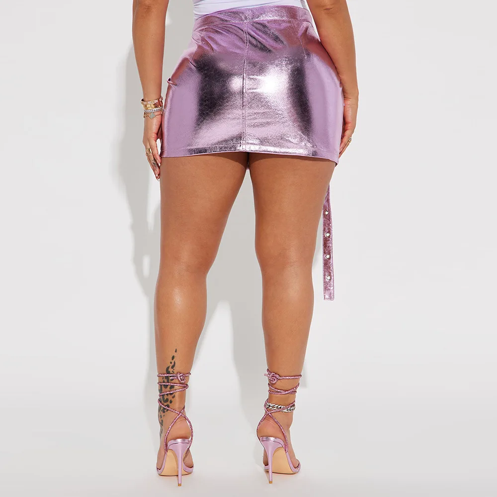 X11269C Metallic Silver Pink PU Leather Skirts for Woman Streetwear Sexy High Waist Cargo Mini Skirt Fashion 2024