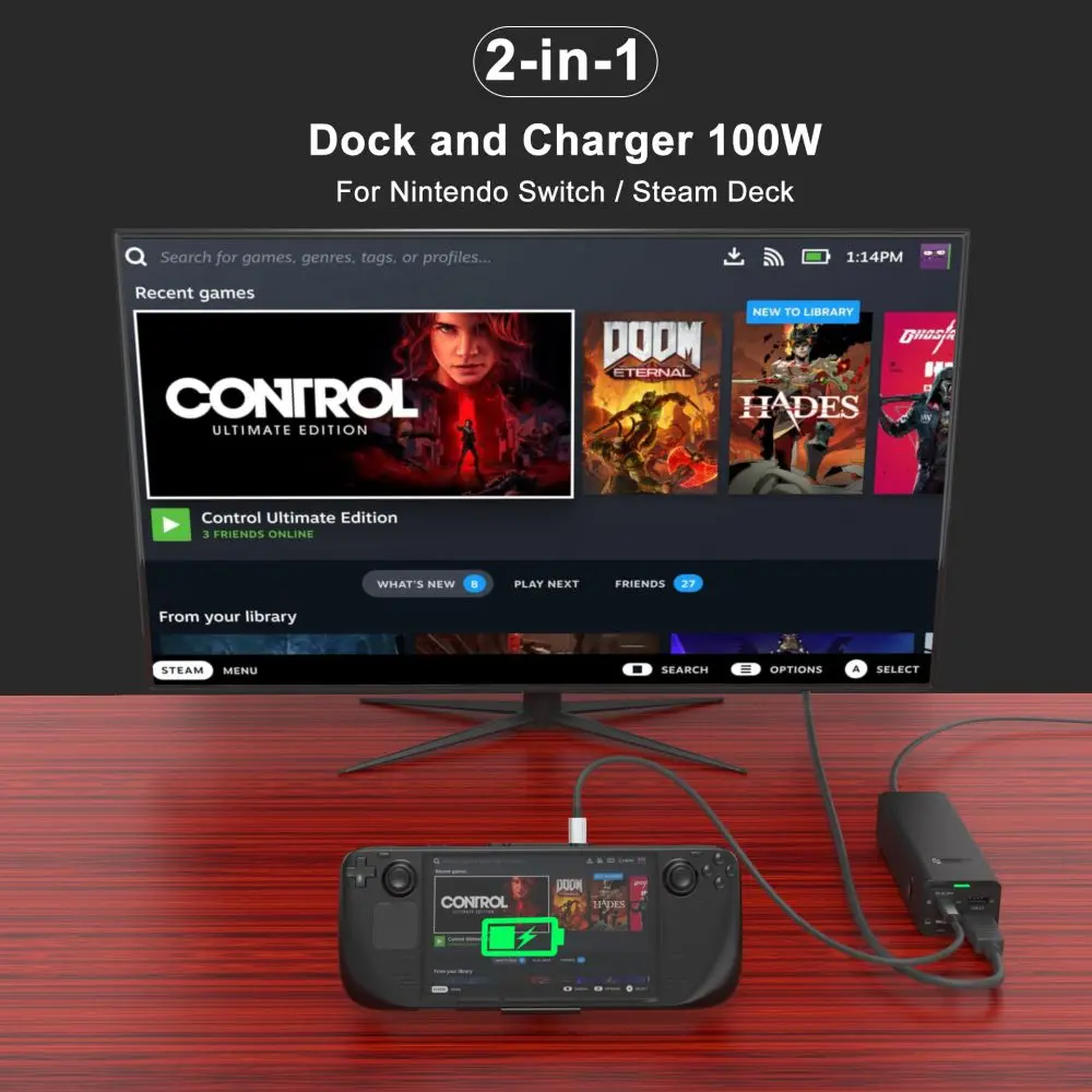 GaN 100W Desktop Charger 1.83m Extension Laptop Charger with 4K@60Hz USB3.1 USB2.0 SD/TF for MacBook Lenovo ASUS HP