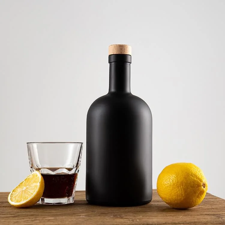 Classic design 750ml powder coating spirits alcohol glass bottle 700ml round Black Vodka glass bottle with cap