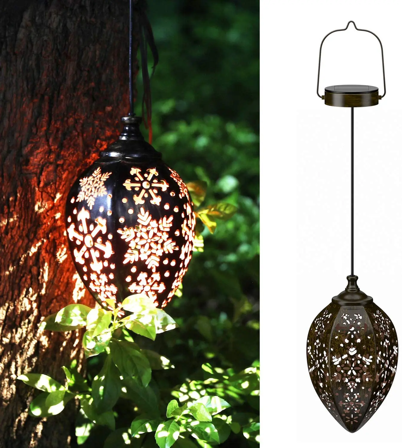 
Outdoor Hanging Hollowed Pattern Metal Lamp Wireless Waterproof Decorative Lights Solar Lanterns for Porch Garden Patio Backyard 