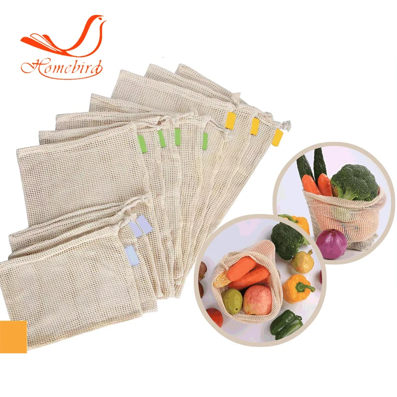  Reusable cotton mesh produce bag set drawstring