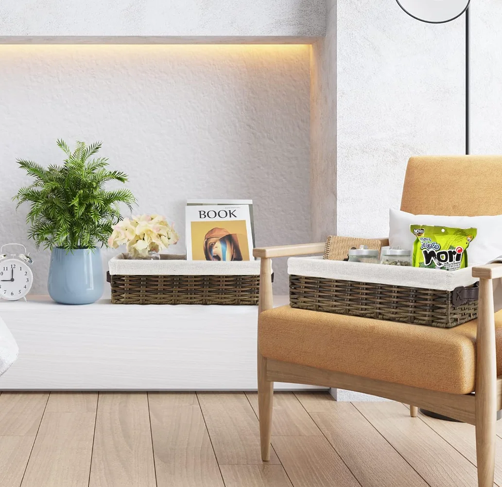 Wholesale Rectangle Handmade Woven Bathroom Tray PP Rattan Plastic Storage Bins Toilet Storage Basket