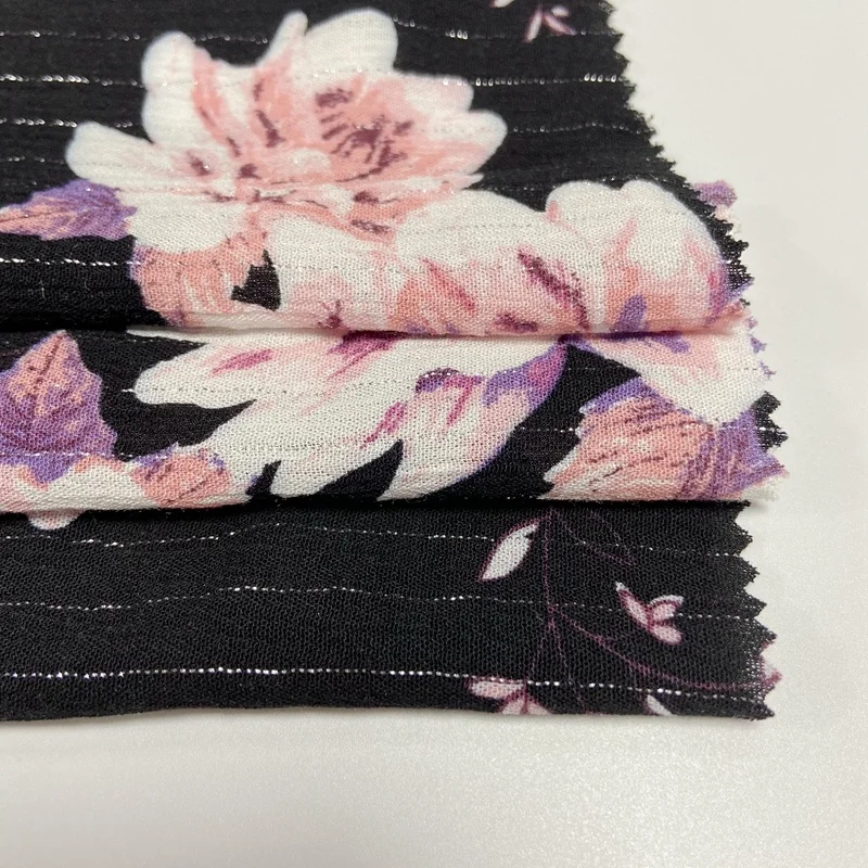 
High quality rayon crepe with silver printed fabric with fashion flower pattern for ladies crinkle dress 