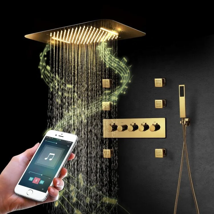 
ceiling 58*38cm rain and waterfall LED music shower head brass thermostatic main body bathroom gold shower faucet set  (1600082082205)