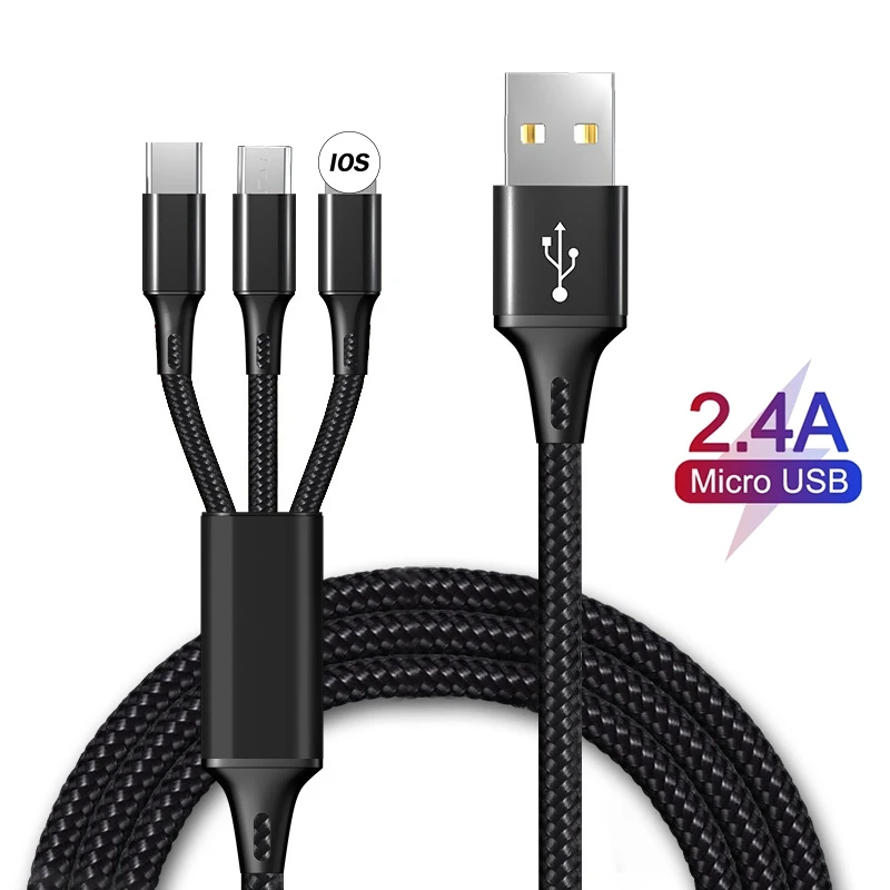 
New 3 in 1 USB Nylon Braid Cable For iPhone XS Max XR X 8 7 6 Charger Micro USB Type C Cable For Samsung Charging Wire Cord 3in1 