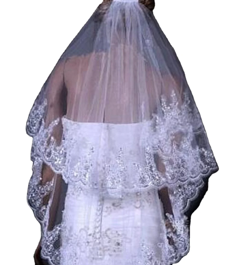 2021 Fashion Flower Design Two Layer Applique Beaded Lace Wedding Veil with comb Wedding Accessories & Headwear