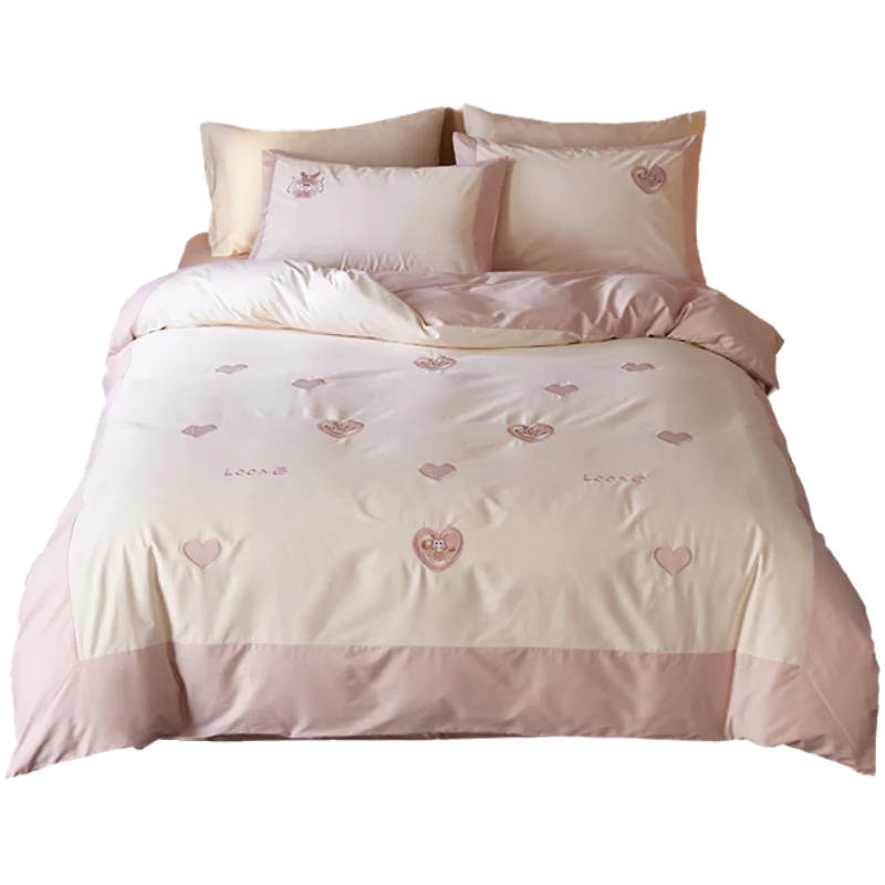 Luxury Chinese style red wedding four-piece pure cotton 100S love quilt set girl heart bedding bed sheet