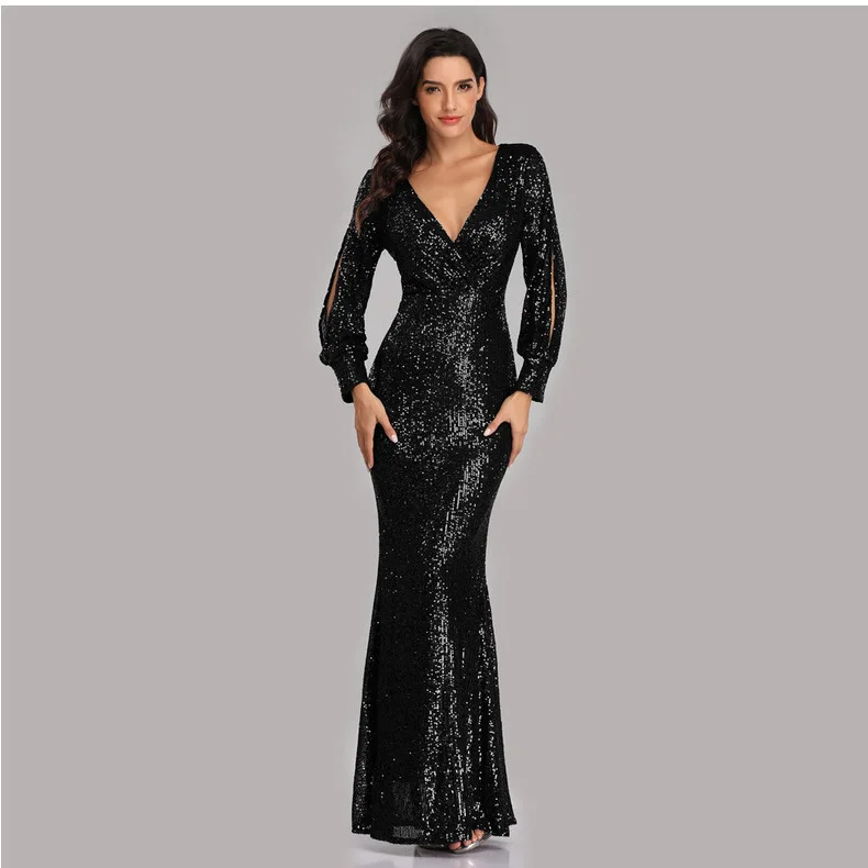 Luxury evening dresses 2022 banquet  long sleeve sequin sheath elegant black evening dress mother of the bride dresses