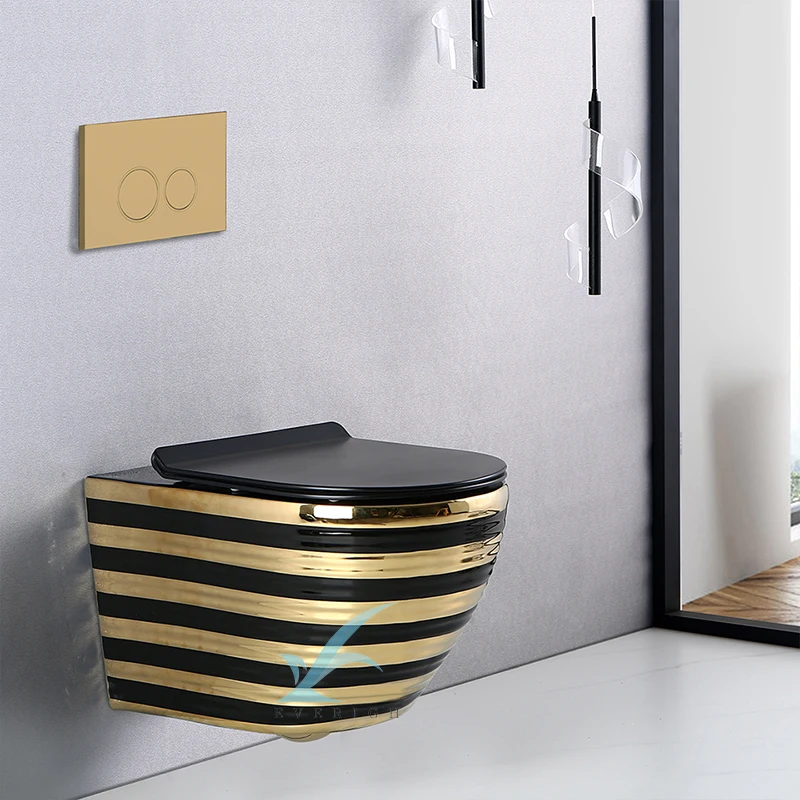 New Design Small Luxury Black Gold Plated Toilet Bowl Gold Classical Wall-Mounted Toilet Bathroom Wall Hung Toilet