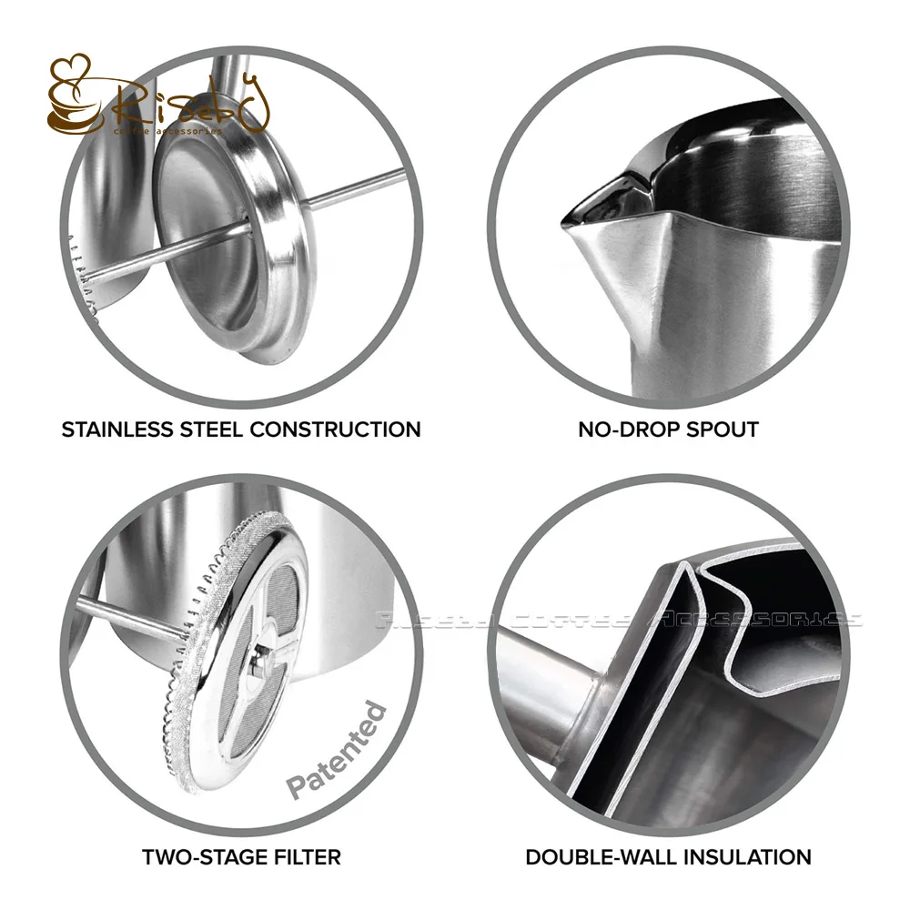 Double Wall 600ml Italy Coffee Maker Pot Manual Coffee Press Stainless Steel Espresso Tea Filter Kettle Coffee French Press