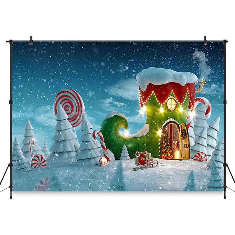 Winter snow scene background photography 2.1 x 1.5 m Christmas candy Santa Claus decoration snowflake suitable for photo booth