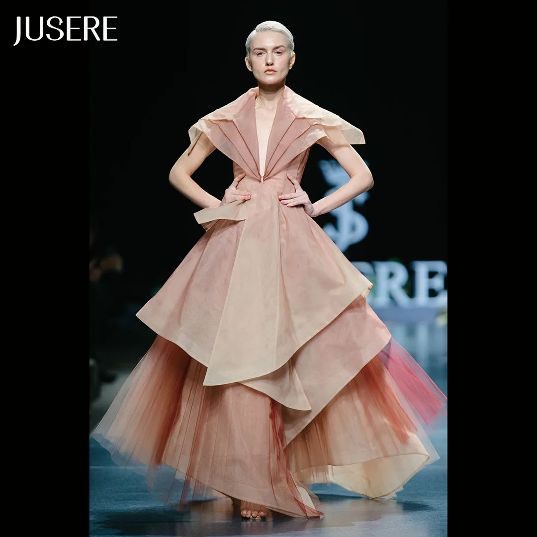 Jusere показ мод эффектом деграде (переход от темного к красный сложенный v-образный вырез с рюшами юбка-трапеция длиной до лодыжки вечернее платье на выпускной