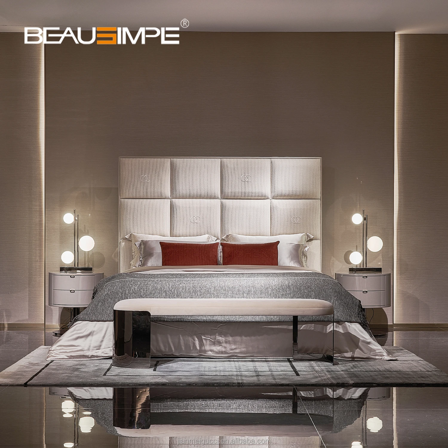 Modern minimalist bed with rectangular design pattern soft padded tall headboard fabric leather bedframe for bedroom furniture