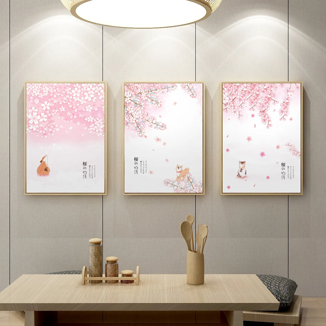 
modern picture pink sakura flower and cat posters and prints wall art canvas the living room 