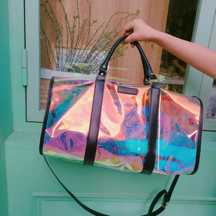 Custom large capacity women hologram clear pvc duffle bag holographic spend the night bags transparent beach bag