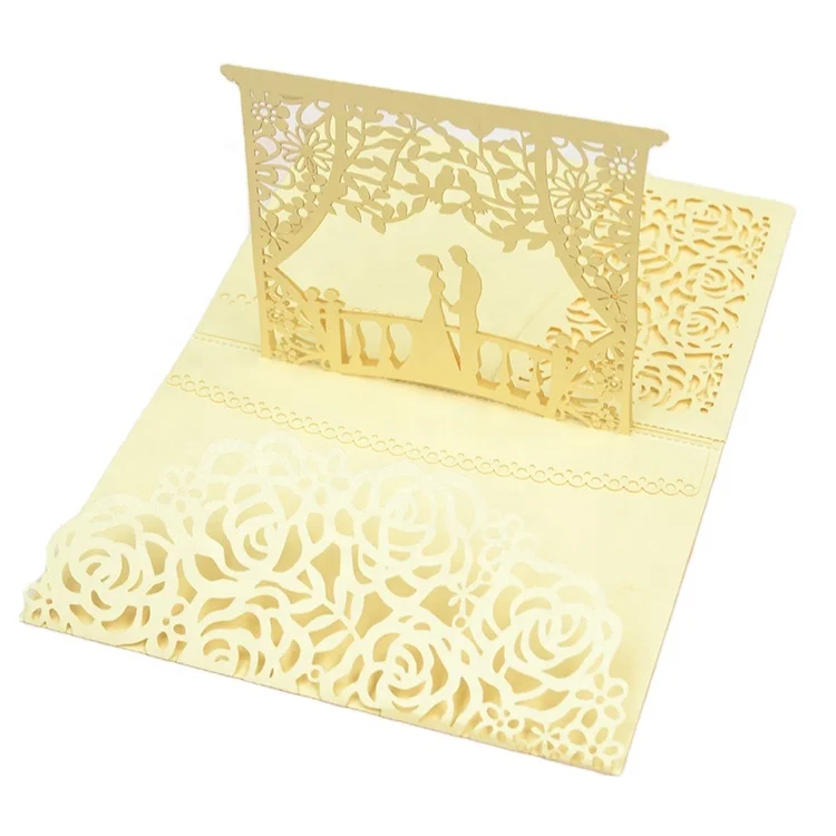 Customized pocket fold 3d envelope laser cut pop up wedding invitations luxury