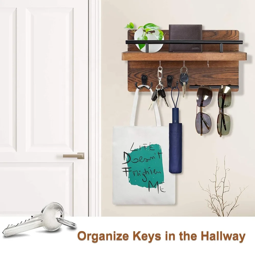 Farmhouse Wood Key Hanger for Wall Mail Holder Organizer Entryway Decorative Hanging Rack