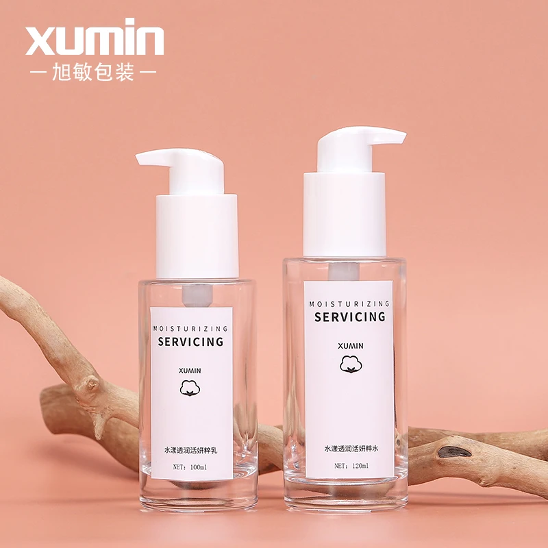 Luxury Cosmetics Packaging Straight Round Glass Lotion Bottle Clear 100/120ml Glass Foundation Bottle With White Pump