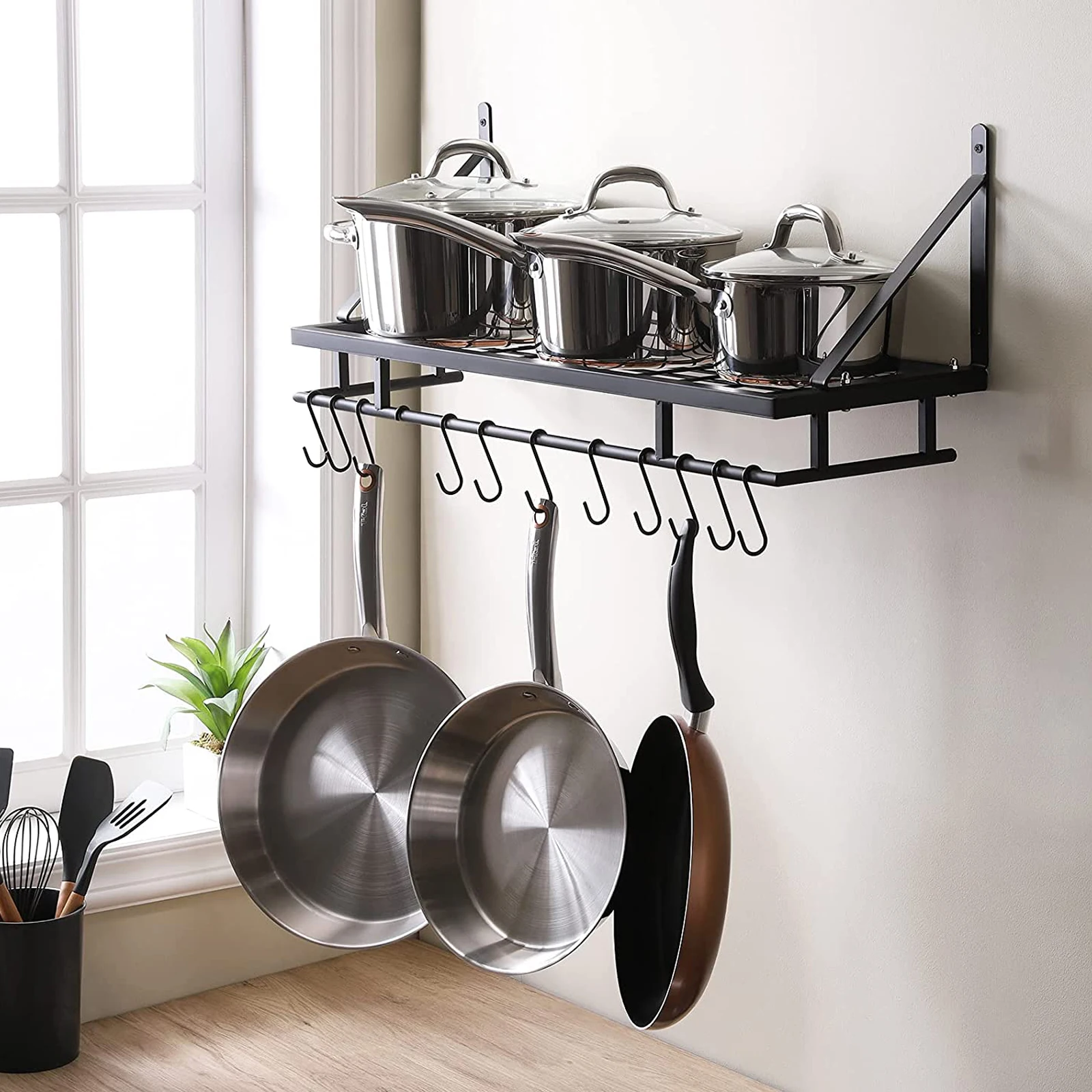 Kitchen Pan Pot Rack Wall Mounted Hanging Storage Organizer Wall Shelf with 12 Hooks Matte Black