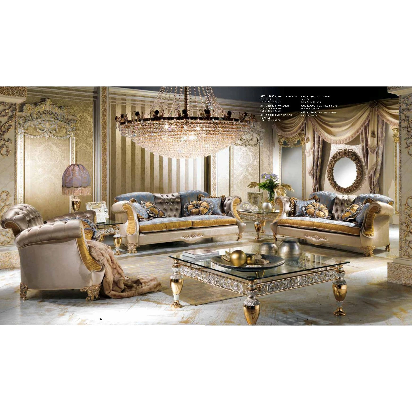 French Palace Living Room Furniture Solid Wood Hand Carved Beige And Blue Fabric Villa Upholstery Sofa Set