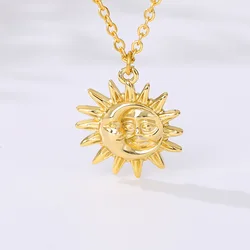 Bohemian Moon and Sun Face Pendant Necklace Golden Minimalist Jewelry Vintage Portrait Coin Collier Collares Friendship Gift