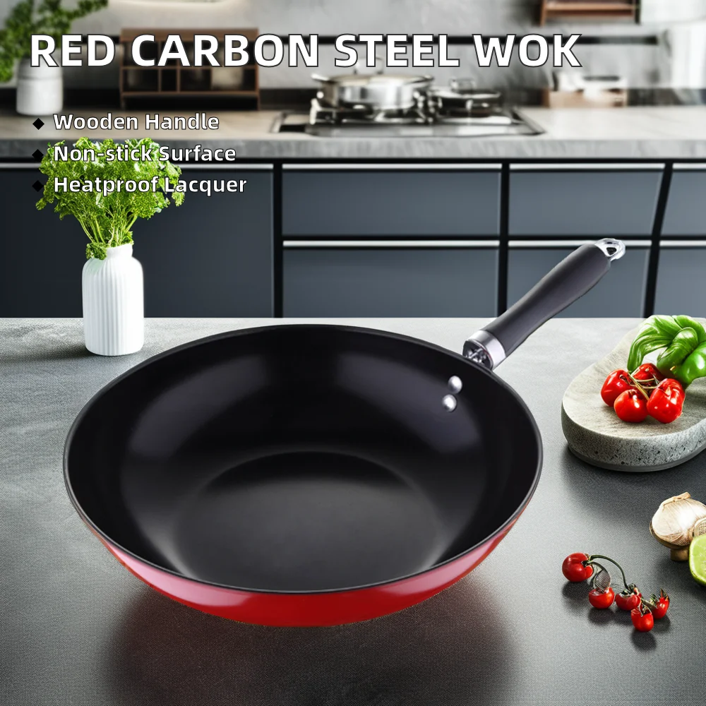 Chinese Red Carbon Steel Wok Bakelite Handle Non-Stick Coating Cookware Fry Pan Gas Induction Stove Lid Use Restaurants Hotels