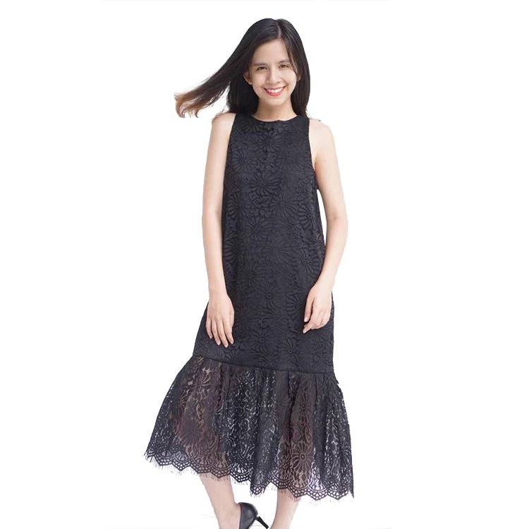 Новинка лидер продаж черные кружевные женские платья без рукавов с круглым вырезом и заниженной талией женская одежда цветочным кружевом сделано во Вьетнаме