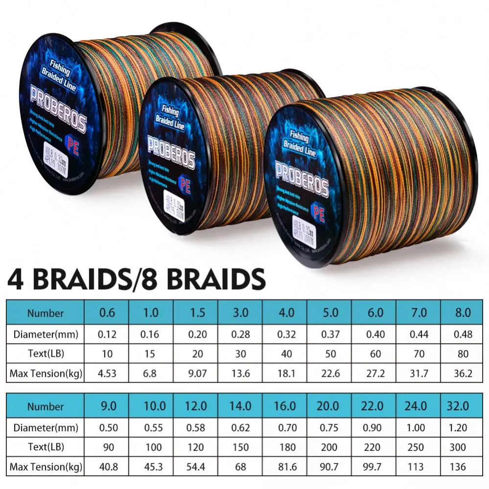 PROBEROS 4 Strands Fishing Line Camouflage Pe Main Line 300m 500m 1000m Pe Strong 4 Weaves Braided Fishing Rope