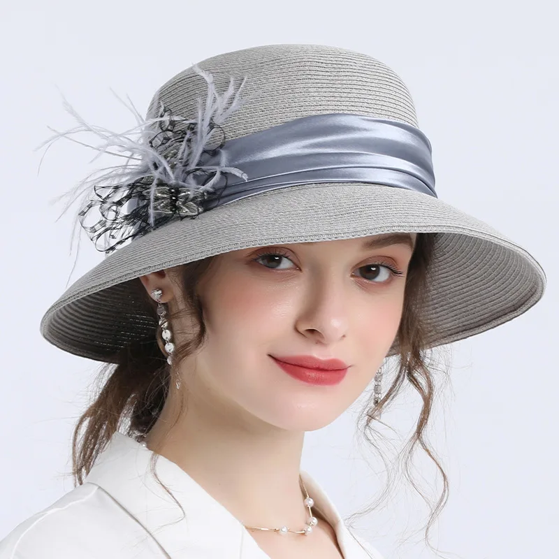 Wholesale Ladies Women Party Wedding For Elegant Feather Large Flower  wide brim Fascinator Sinamay Church Hat