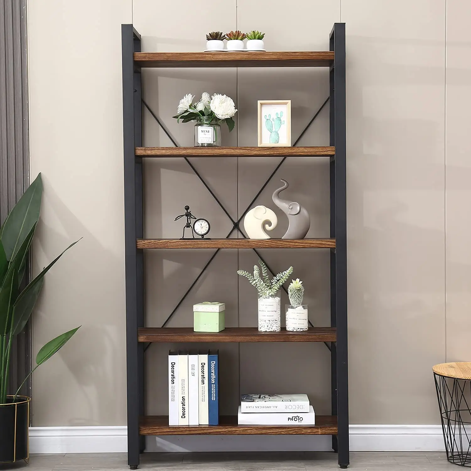 Solid Wood Metal Vintage Brown 5 Tier Bookshelf