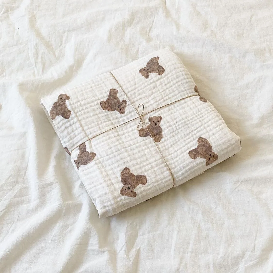 Best Selling Lovely Bear Double Layer Soft Muslin Swaddle Bamboo Cotton Baby blanket For Baby