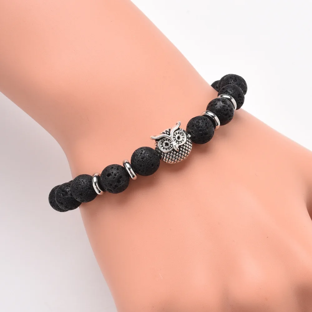 Mens LavaRock Bead Bracelets Set Silver Owl Lion Leopard Spiderman Alloy for women men  Natural Stone Bracelet, 8MM