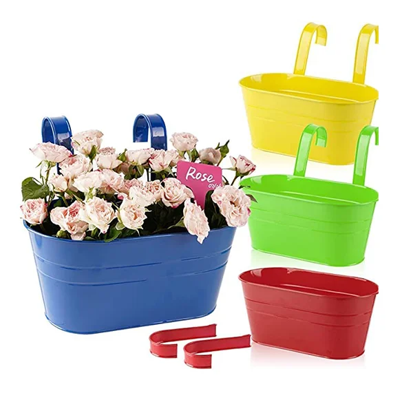 Hanging bucket plant stand with hook color Backpack metal iron planter for outdoor deck railing fence  decoration