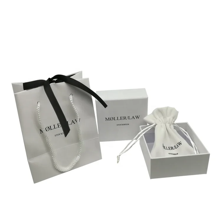 Custom white paper gift bags logo printed jewelry set packaging shopping paper bag with rope handles coated paper carrier bag