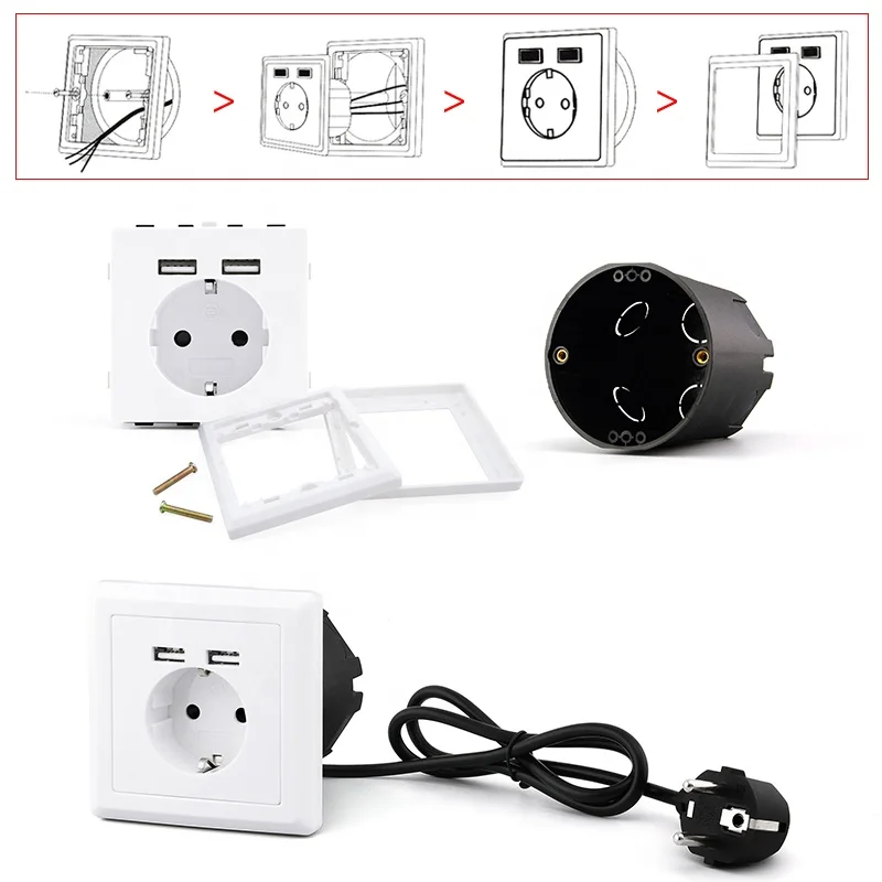 LEISHEN 86mm Style Wholesale 5V/3.4A 250V 16Amp Flush-Mounted Outlet Protective Contact Wall Schuko Socket With USB-C Charger