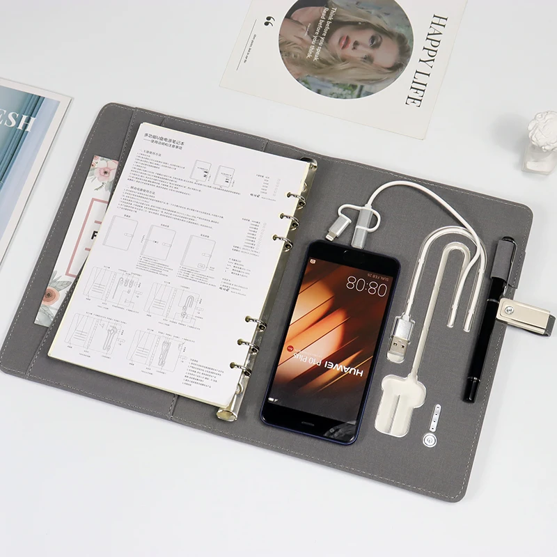 Pockets Leather A5 Binder with 8000mah Power Bank Diary Power bank Notebook Planner built-in wireless charging and 16g usb flash