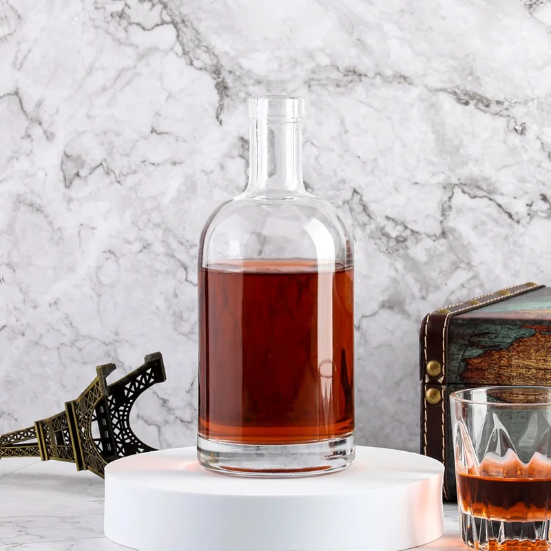 Round 750ml Vodka Spirit Bottle With Rum Cork Gin Liquor Glass Bottle