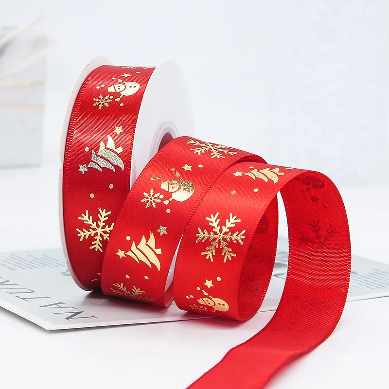 E-Magic Wholesale Christmas Snowflake Satin Ribbon Red Gold Foil Printed Webbing Christmas Ribbon For Crafts Xmas Gift Box