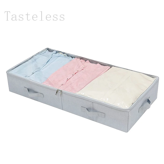 Best Selling Foldable Linen Fabric Clear Pvc Lid Underbed Storage Clothes Blankets Bag organizer With Handles