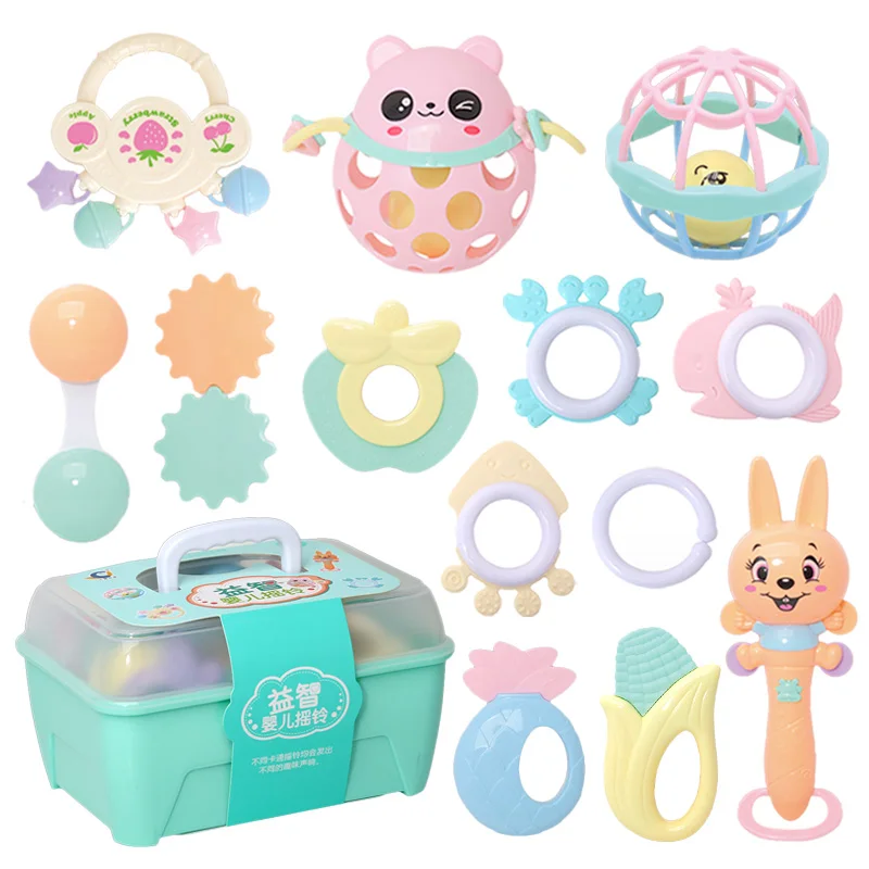 
2021 Hot sale gifts 6 to 12 month grasping plastic handbell teether rattle educational baby toys set 