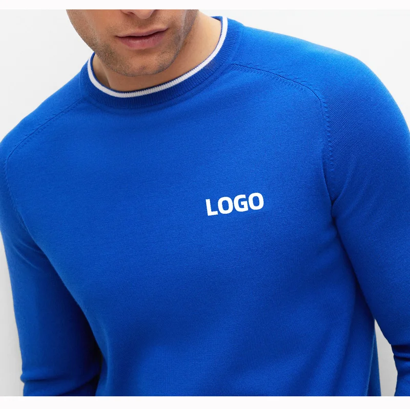2024 Top Grade Men Luxury Royal Blue Sportswear Custom Logo Cashmere Knitted Warm Sport Sweater