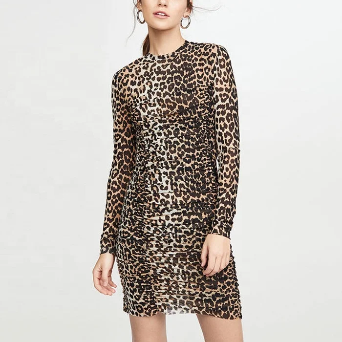 high quality dress brands women long sleeve fitted tight fitted tiger cheetah print dress