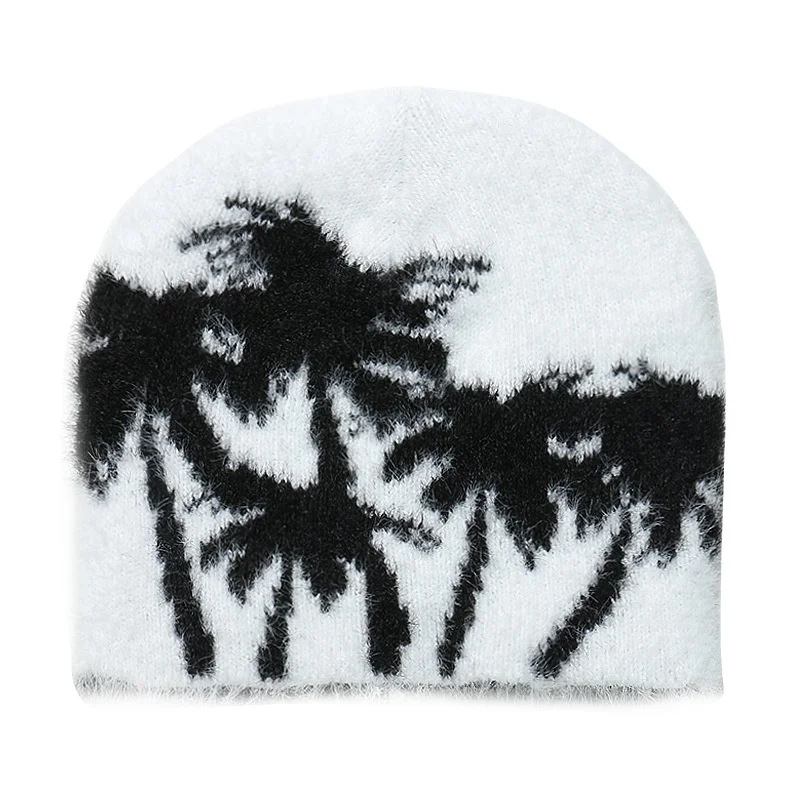 Autumn Winter Unisex Outdoor Plush Mohair Beanie Custom Logo Knitted Hat Coconut Tree Jacquard Beanie Furry Cold Hat
