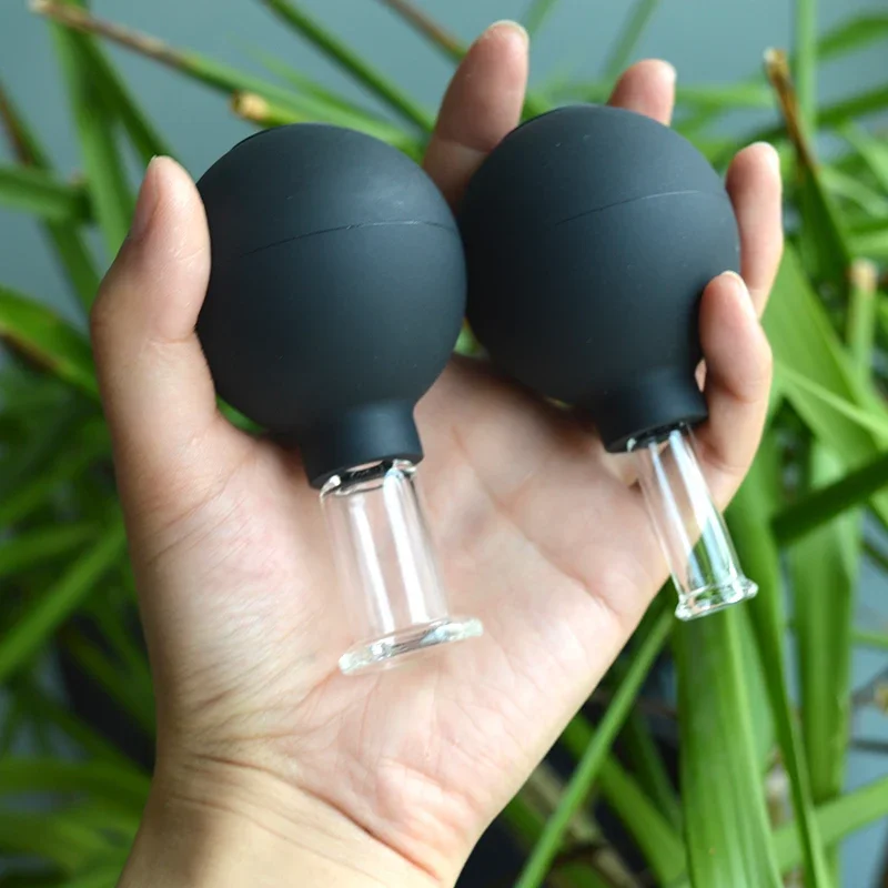 2Pcs Facial Glass Cupping Therapy Set with Black Rubber Ball with Gift Box Soft Ball Fireless Vacuum Suction Massage Cups