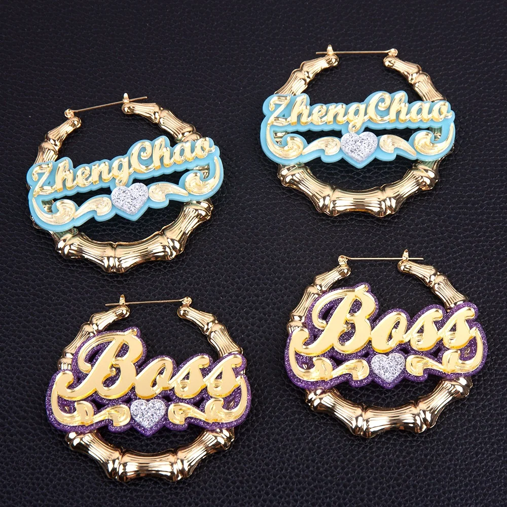 2022 New Double Plated Colorful BlingBling Summer Mirror Green Name Necklace Custom Acrylic Pendant Bamboo Hoop Earrings Set
