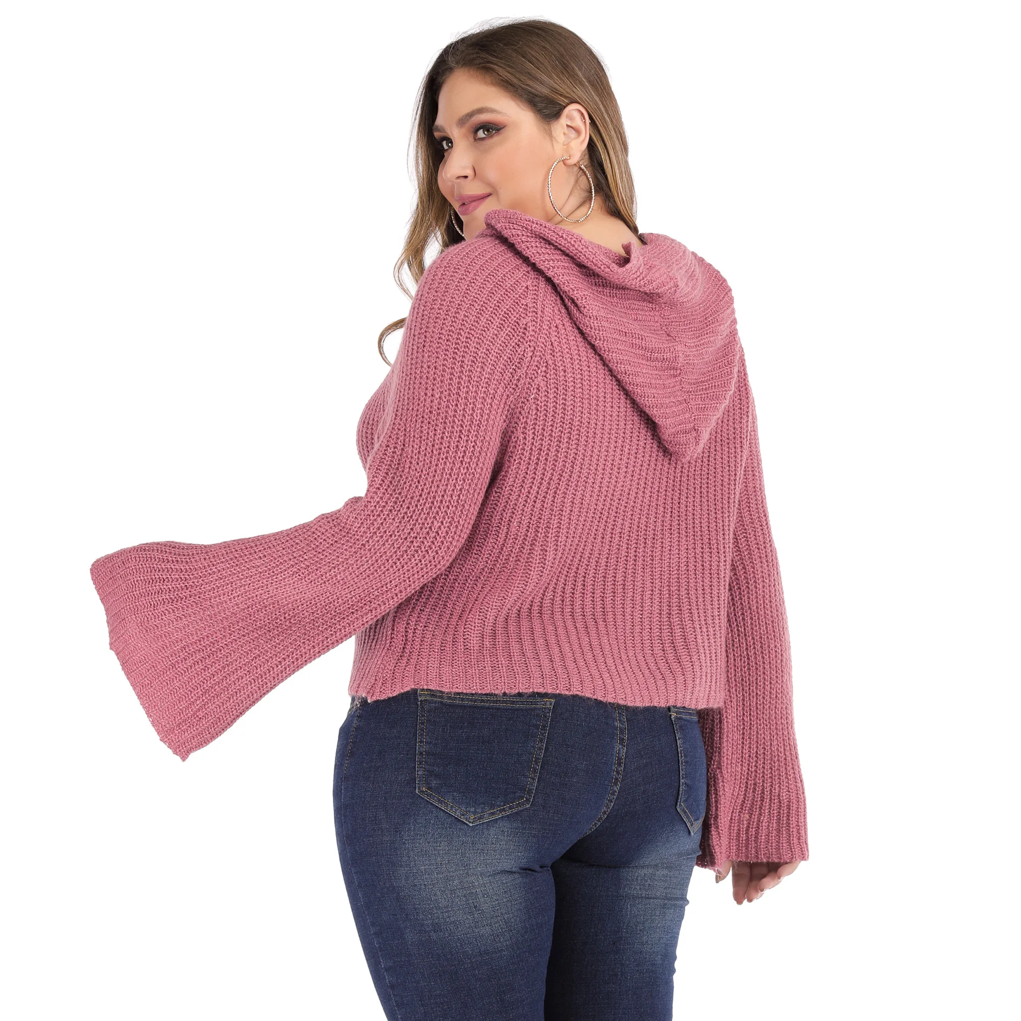 Plus Size Women Flare Sleeve Hooded Ladies Knit Pullover Sweater for Fat Women