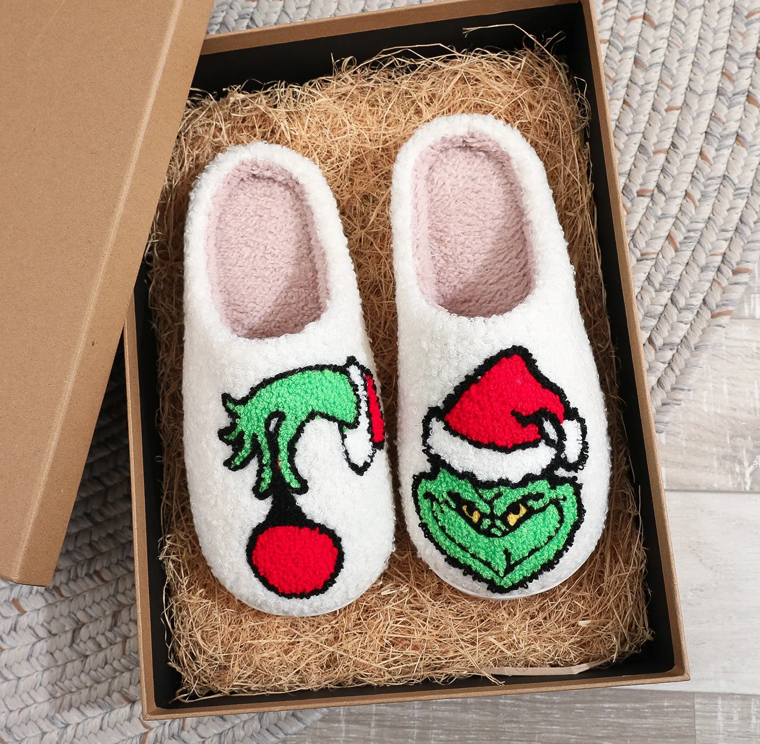 Christmas Wholesale Smile Face Pattern Slippers Women Winter Indoor Flat Warm Happy Face House Slides Cute Smile Slippers