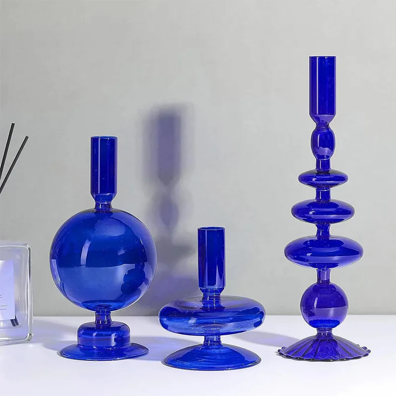 Home Party Decoration Elegant Glass Candlestick Vase Holders Colorful Glass Taper Candle Stand
